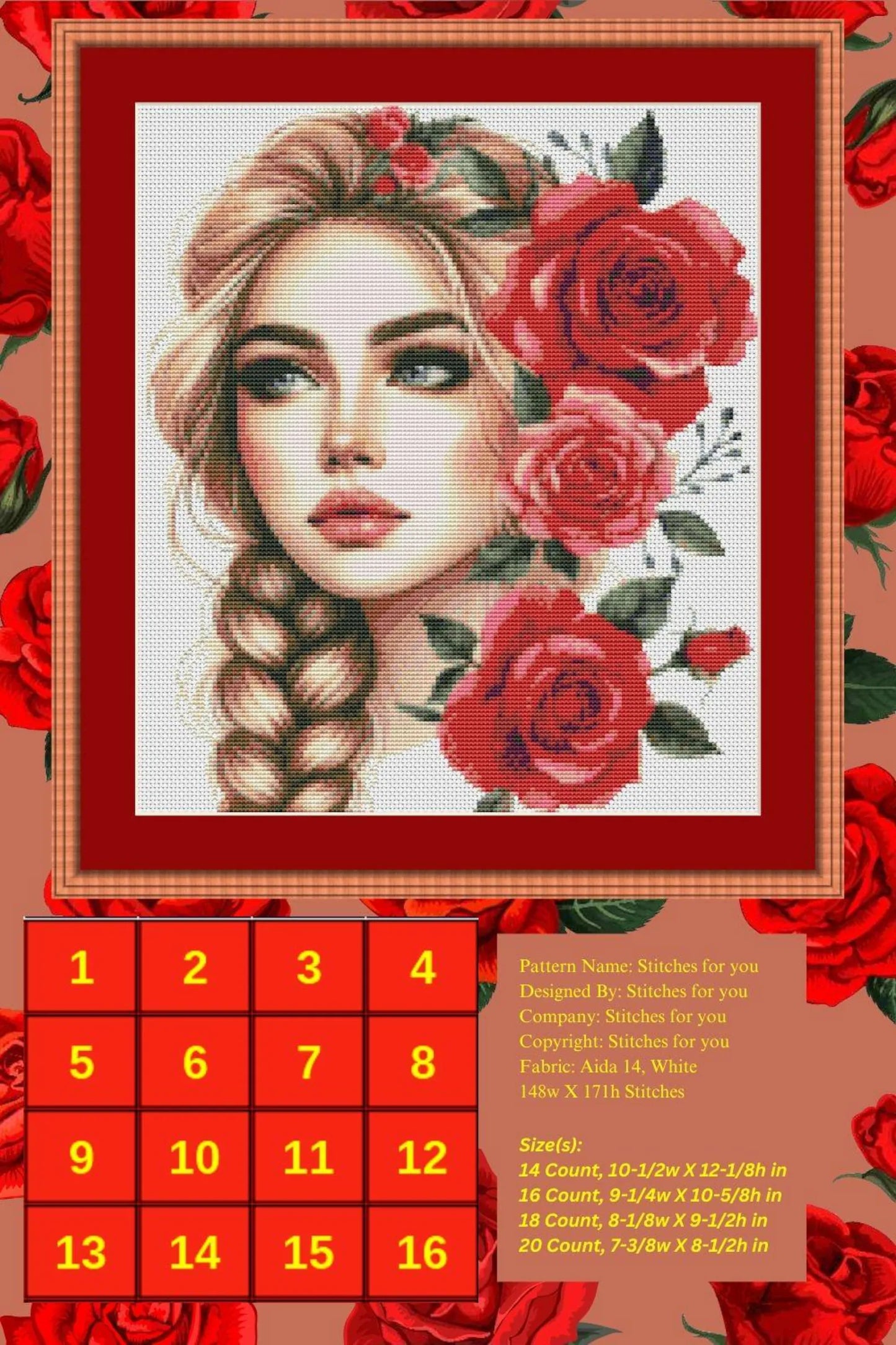 Girl with roses- Counted Cross Stitch Patterns - Printable Chart PDF Format Needlework Embroidery Crafts DIY DMC color