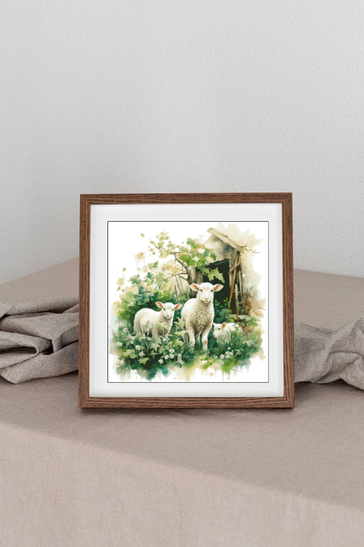 Watercolor Cross Stitch Pattern,Three Sheep in Front of Barn,Spring Landscape,Pattern Keeper,xstitch,PDF,Instant Download