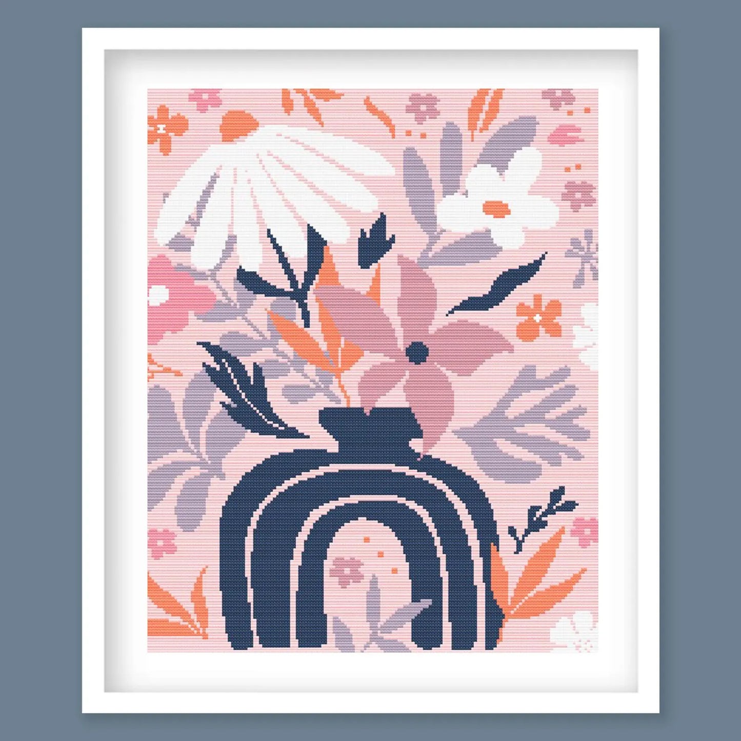 Modern Floral Cross Stitch Pattern Collection - Pink & Navy Botanical Design. Digital PDF Download