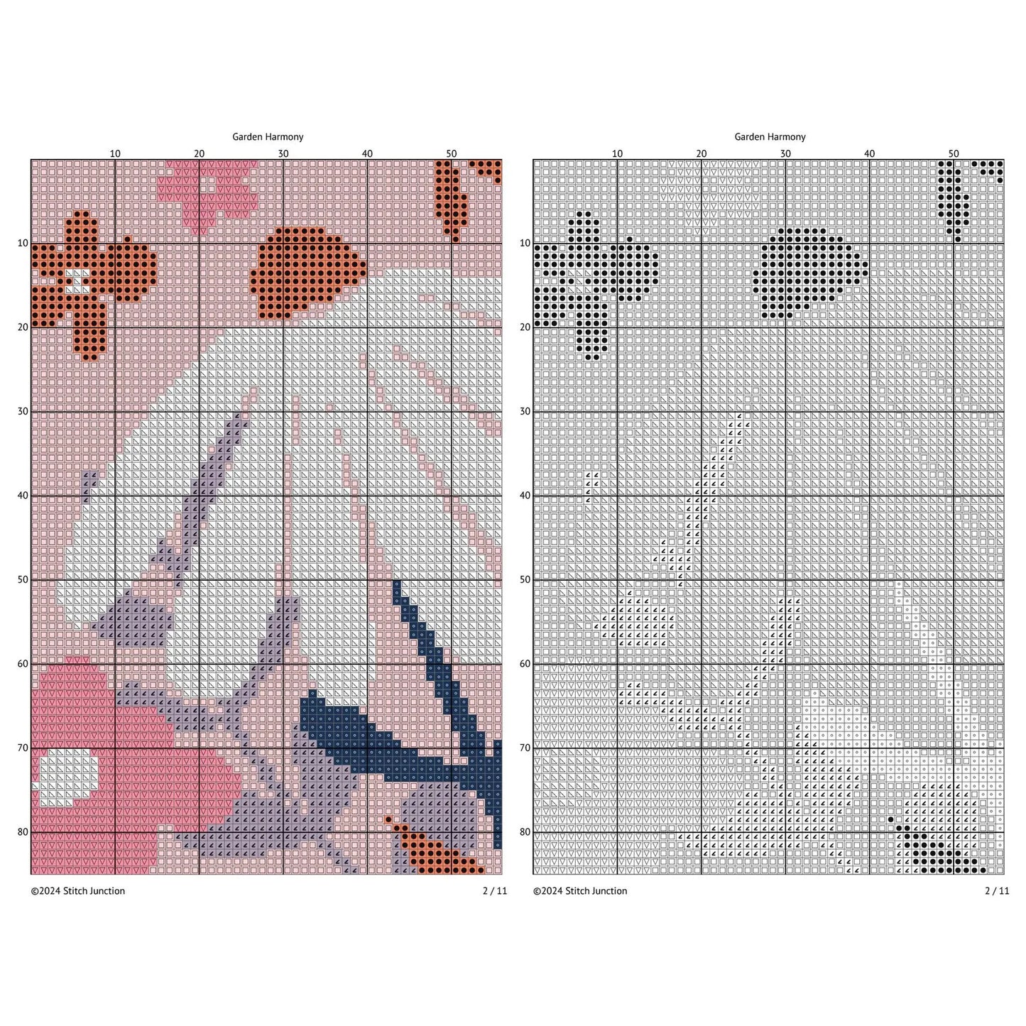 Modern Floral Cross Stitch Pattern Collection - Pink & Navy Botanical Design. Digital PDF Download