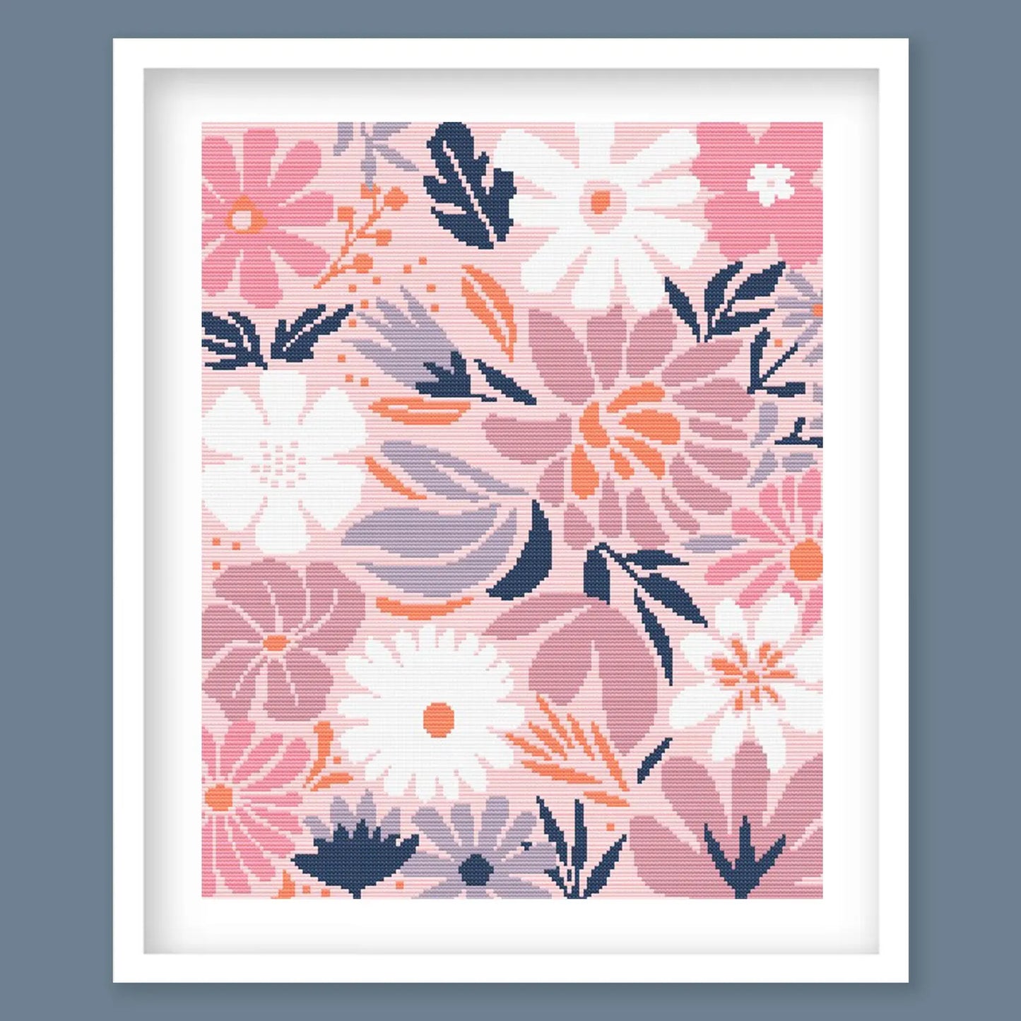 Modern Floral Cross Stitch Pattern Collection - Pink & Navy Botanical Design. Digital PDF Download