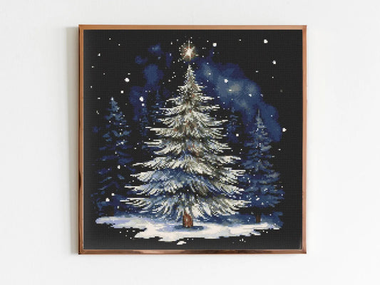 Christmas Tree Winter Forest Cross Stitch Sewing Embroidery Pattern X-Stitch Landscape Cottagecore River Art Forest Moon Christmas