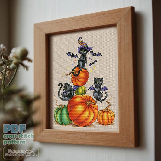 Halloween cross stitch pattern Cat witchcraft DMC Chart Printable PDF Instant Download