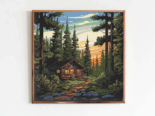 Cottage in the Pines Cross Stitch Pattern Sewing Modern Embroidery Woods Dark X-Stitch Cottagecore Witchy Witchcraft Gothic
