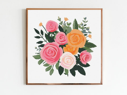Bouquet of Flowers Cross Stitch Sewing Modern Embroidery Pattern DMC Bunch of Flowers Floral Wedding Artwork Gift Roses Wedding Anniversary