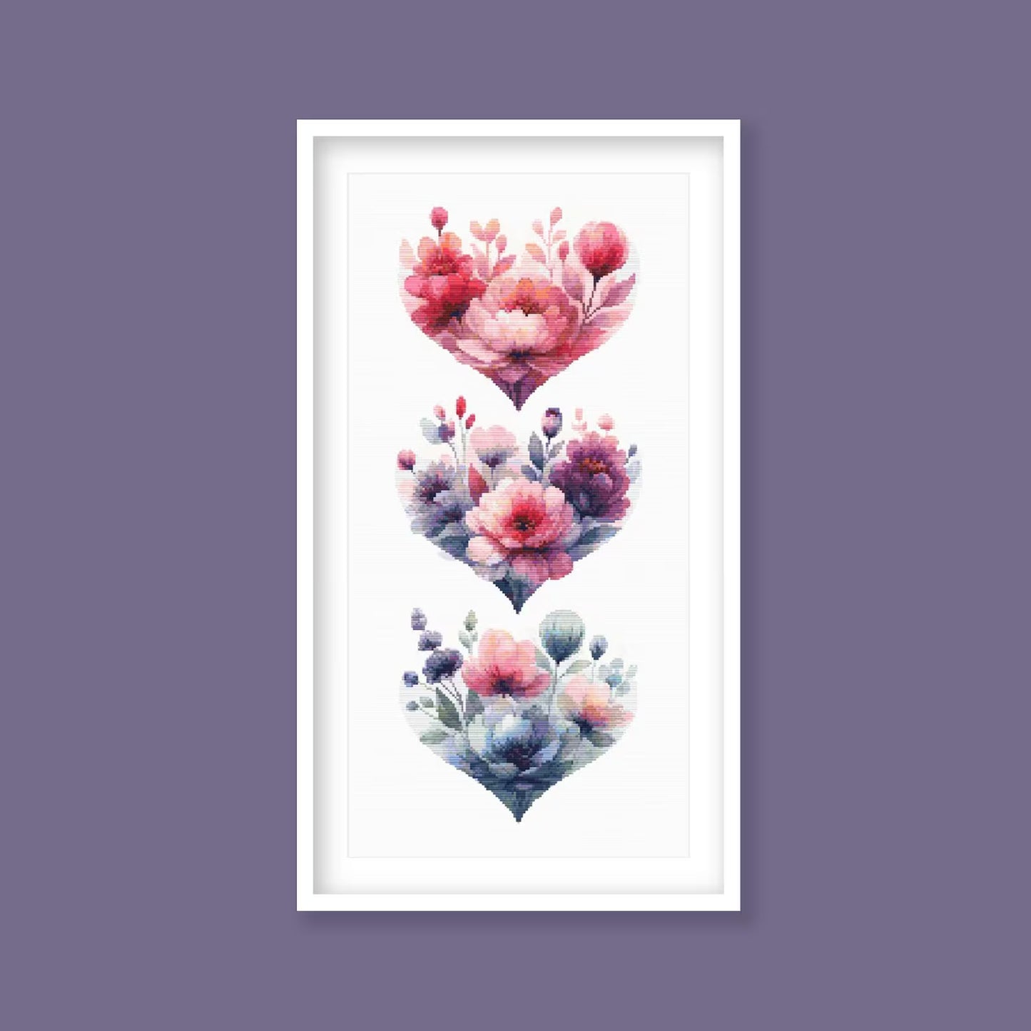 Blooming Hearts Trio Cross Stitch Pattern, Floral Cross Stitch Pattern, Heart Cross Stitch Pattern, Flower Embroidery. Digital PDF Download