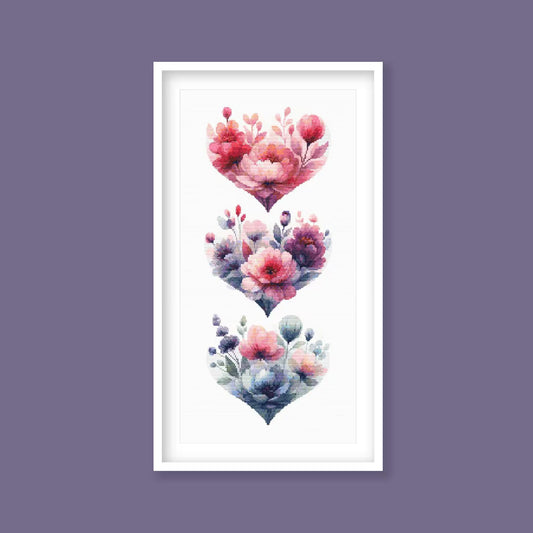 Blooming Hearts Trio Cross Stitch Pattern, Floral Cross Stitch Pattern, Heart Cross Stitch Pattern, Flower Embroidery. Digital PDF Download
