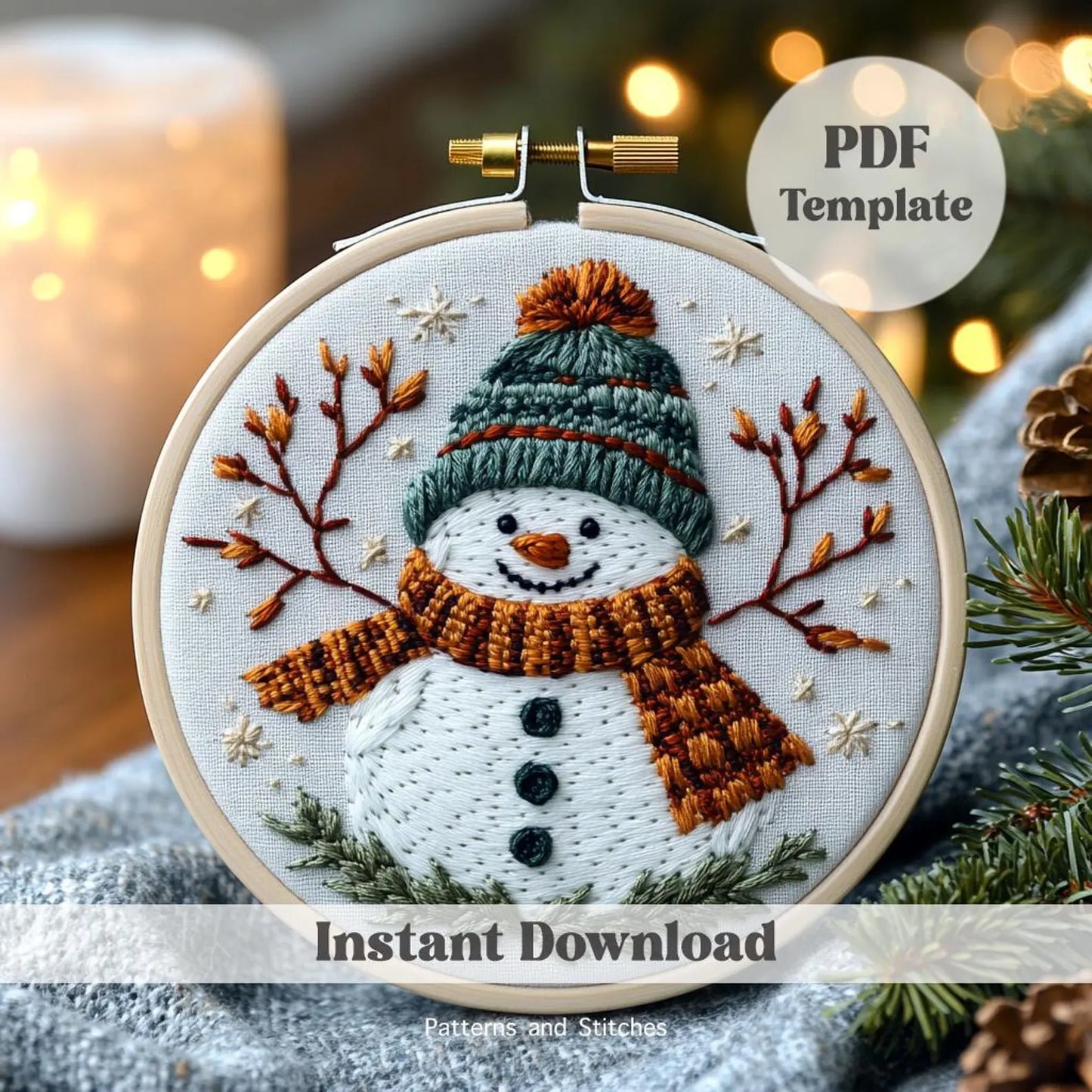 Happy Snowman pdf embroidery pattern, Christmas embroidery, holiday decor, Christmas craft, winter craft, embroidery DIY, Christmas ornament
