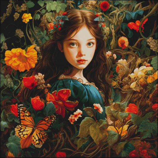 Cross stitch pattern pdf Girl in Flowers, floral embroidery pattern, dmc, magic, summer design, realistic pattern, digital download, chart