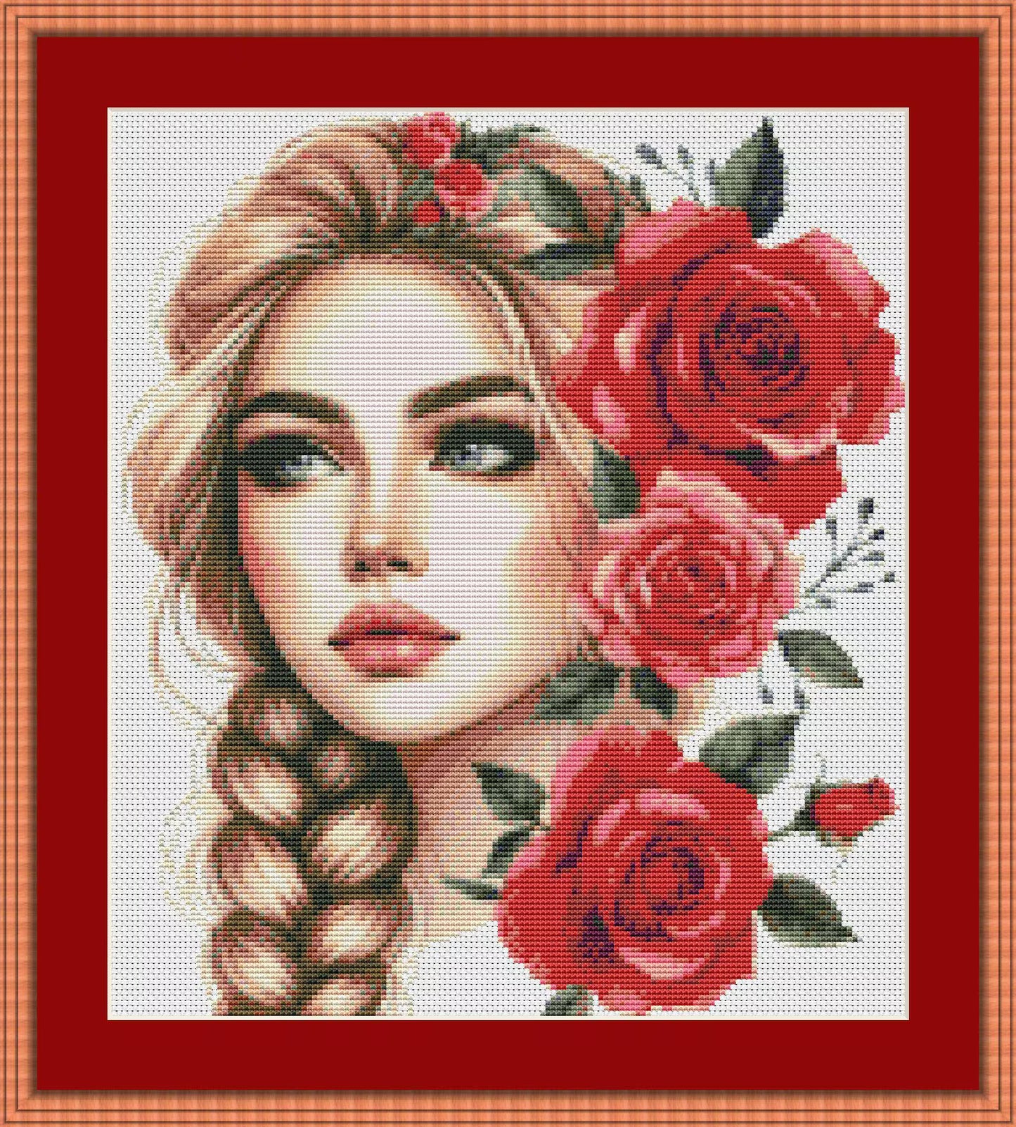 Girl with roses- Counted Cross Stitch Patterns - Printable Chart PDF Format Needlework Embroidery Crafts DIY DMC color