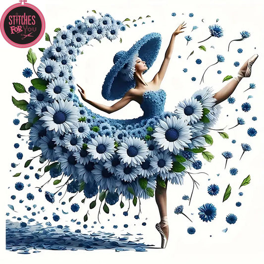 Blue flower Girl - Counted Cross Stitch Patterns - Printable Chart PDF Format Needlework Embroidery Crafts DIY DMC color