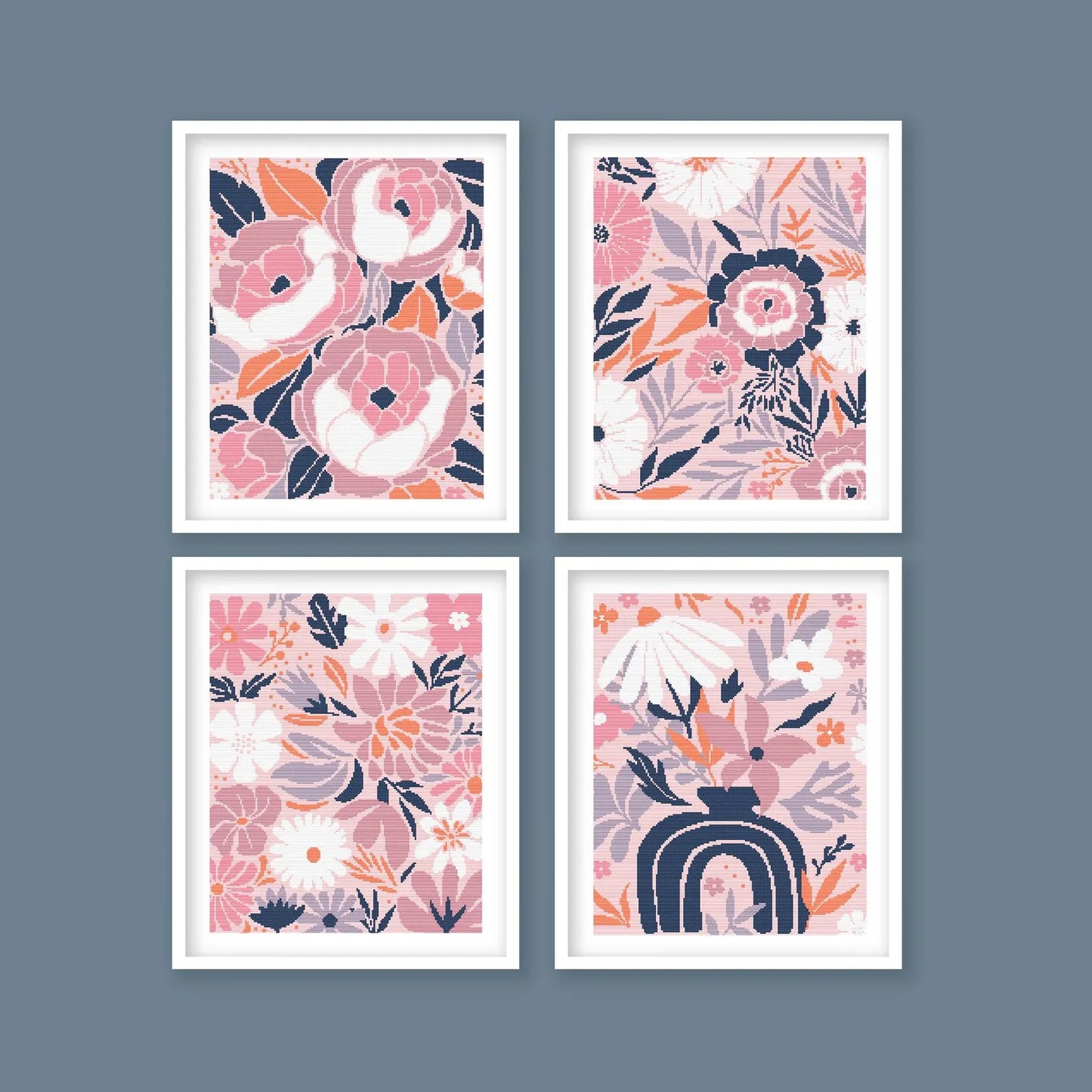 Modern Floral Cross Stitch Pattern Collection - Pink & Navy Botanical Design. Digital PDF Download