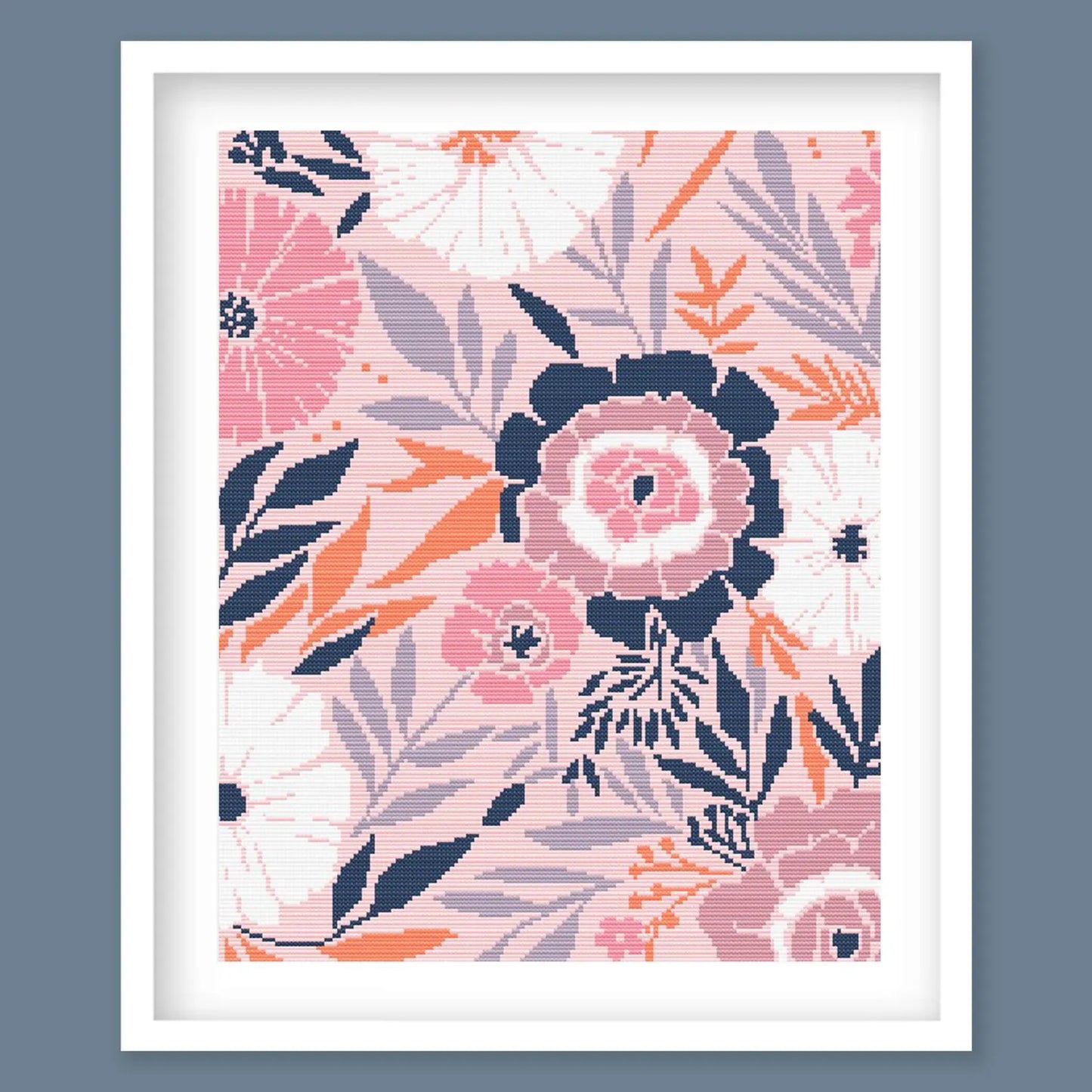 Modern Floral Cross Stitch Pattern Collection - Pink & Navy Botanical Design. Digital PDF Download