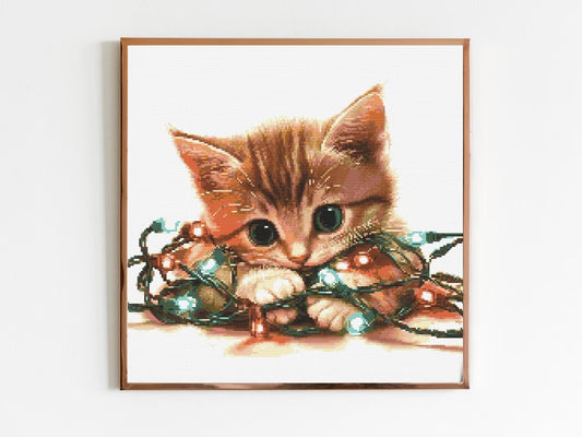 Cat in Christmas Lights Cross Stitch Sewing Embroidery Pattern X-Stitch Flowers Cottagecore Cute Cat Lover Kitty Kitten Gift Present