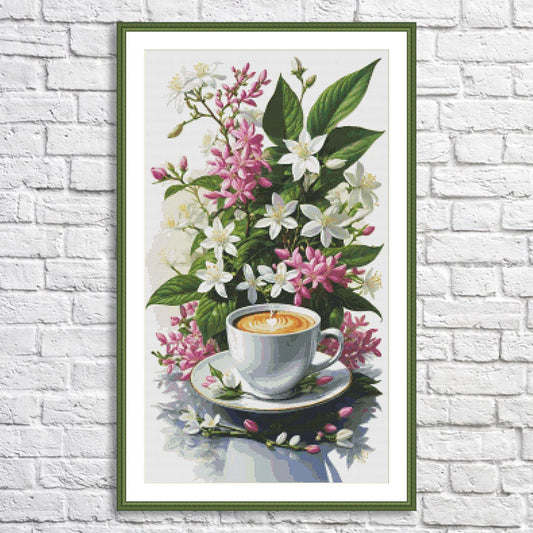 Coffee Time Cross Stitch Pattern Digital Pattern Watercolor Flowers Kitchen Still Life Modern Decor Pattern Cup of coffee Needlepoint chart