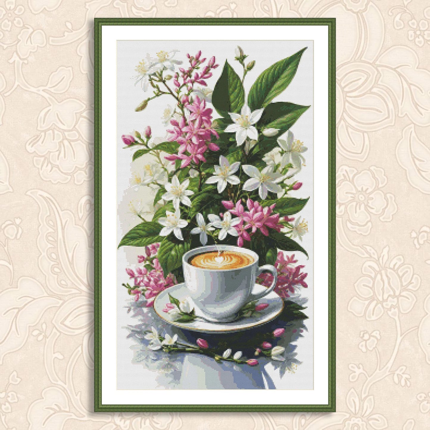 Coffee Time Cross Stitch Pattern Digital Pattern Watercolor Flowers Kitchen Still Life Modern Decor Pattern Cup of coffee Needlepoint chart
