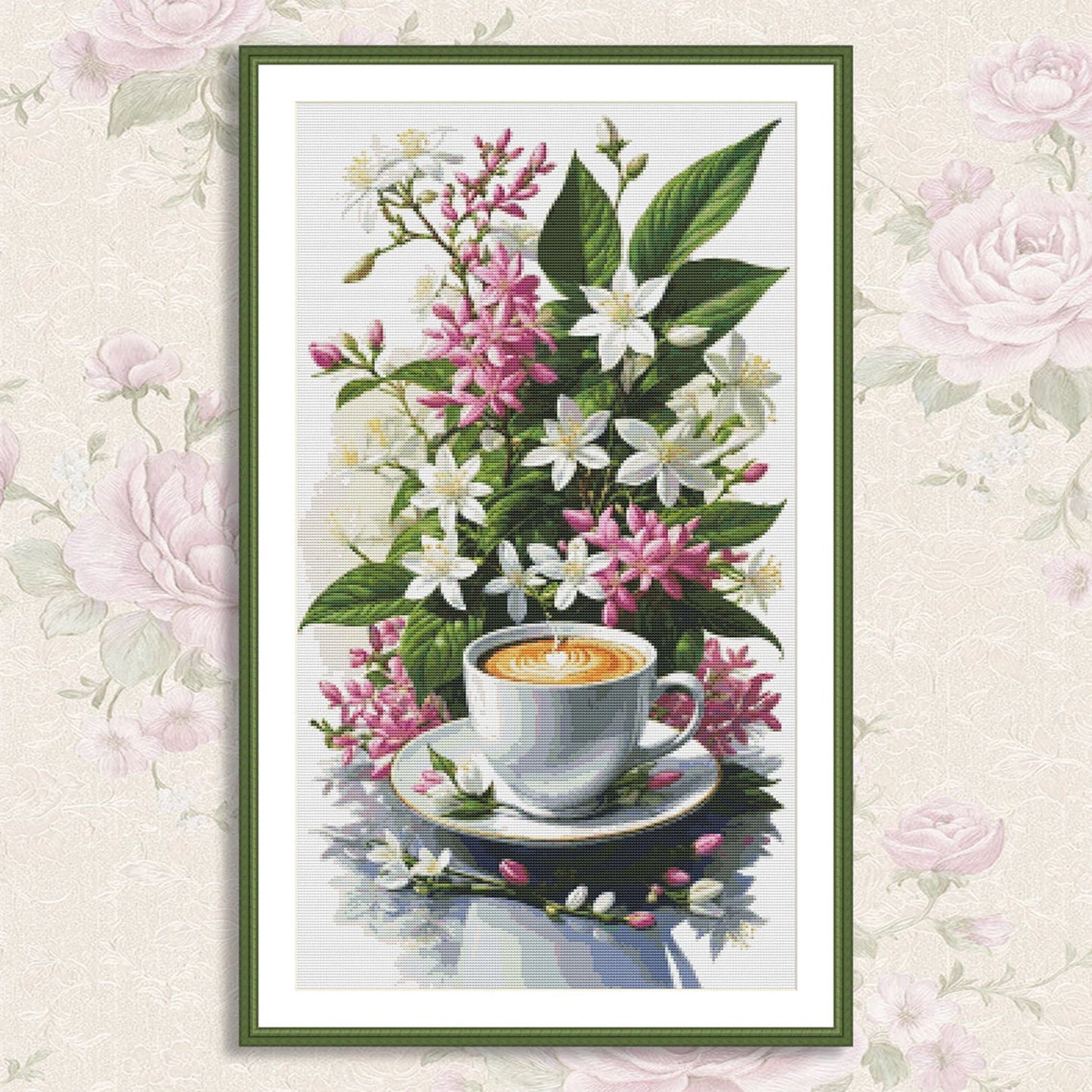 Coffee Time Cross Stitch Pattern Digital Pattern Watercolor Flowers Kitchen Still Life Modern Decor Pattern Cup of coffee Needlepoint chart