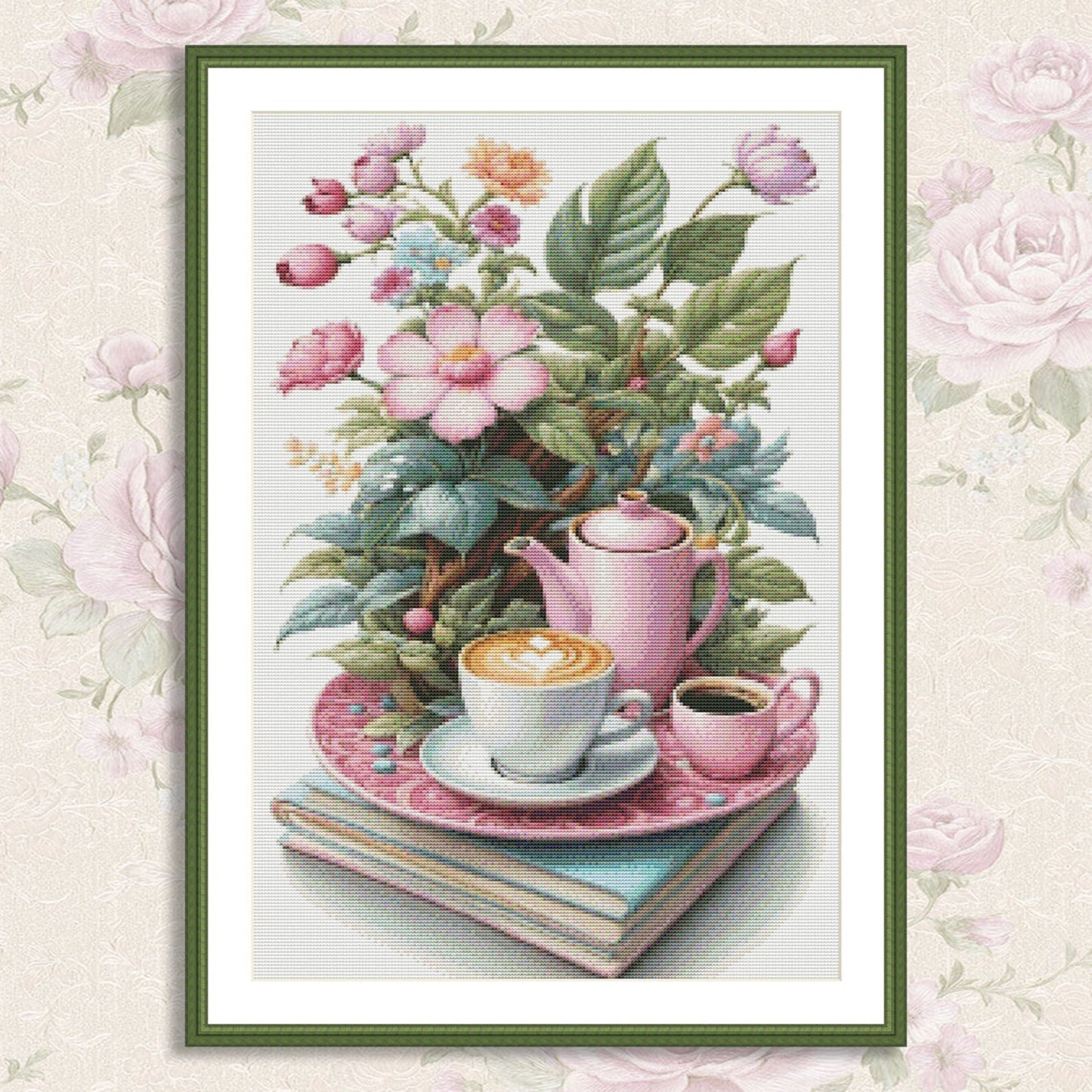 Coffee Time Cross Stitch Pattern Digital Pattern Watercolor Flowers Kitchen Still Life Modern Decor Pattern Cup of coffee Needlepoint chart