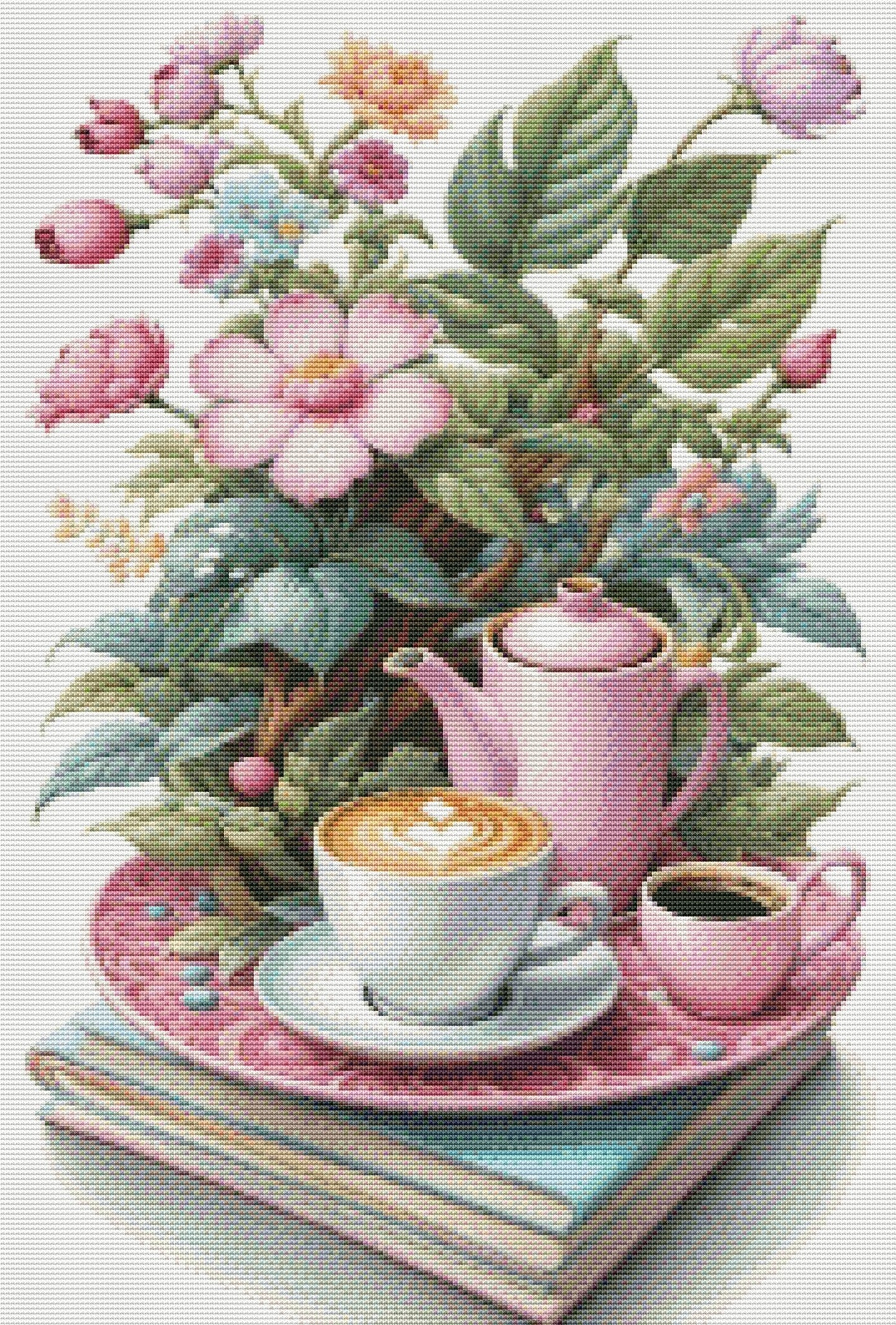 Coffee Time Cross Stitch Pattern Digital Pattern Watercolor Flowers Kitchen Still Life Modern Decor Pattern Cup of coffee Needlepoint chart