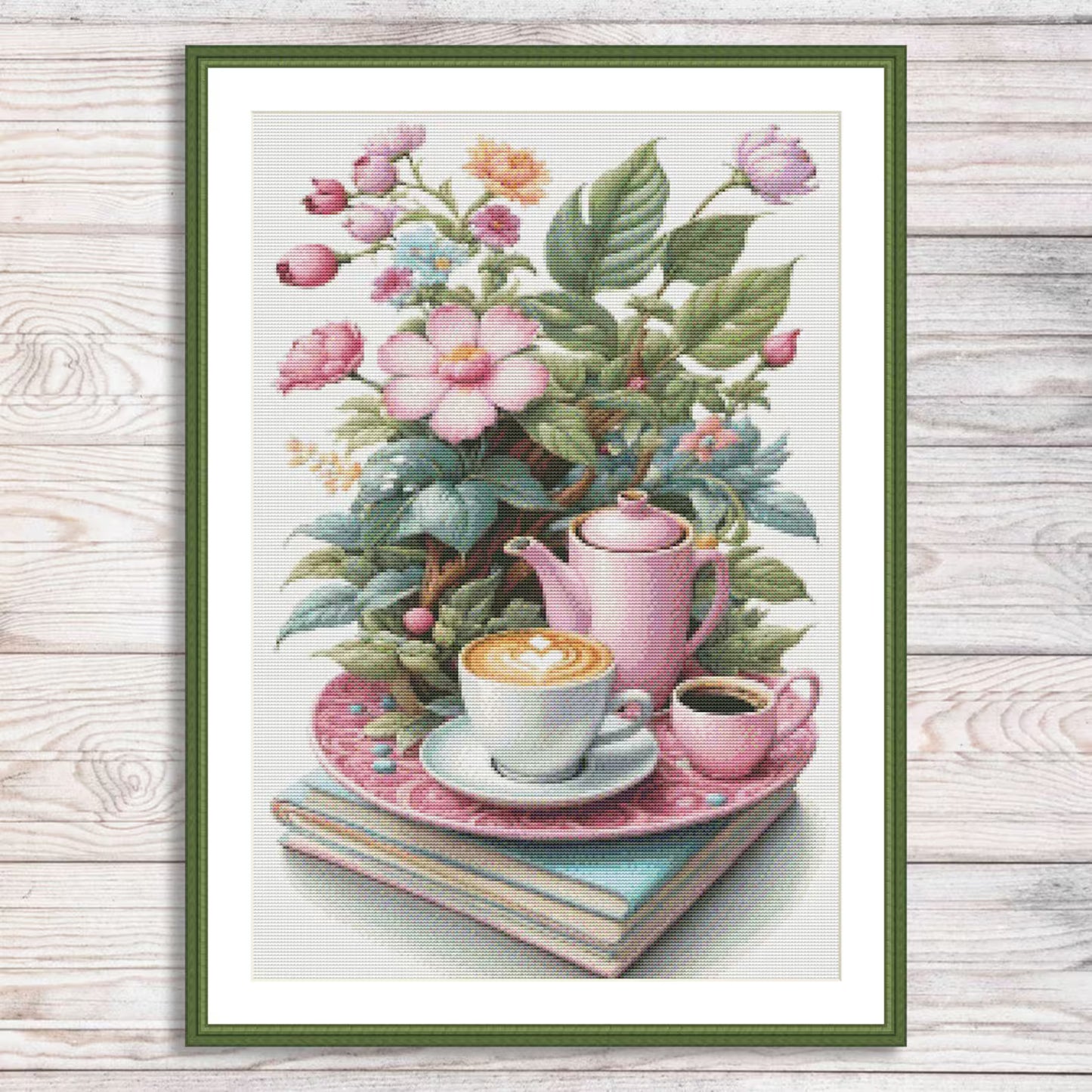 Coffee Time Cross Stitch Pattern Digital Pattern Watercolor Flowers Kitchen Still Life Modern Decor Pattern Cup of coffee Needlepoint chart
