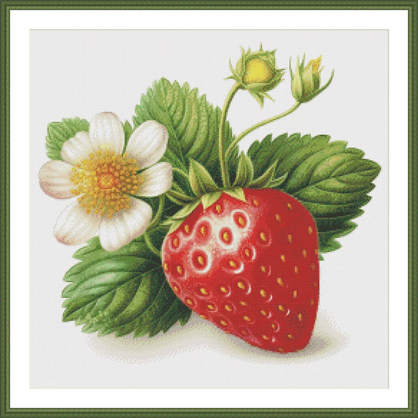 Strawberry Cross Stitch Pattern Kitchen Still Life Modern Decor Pattern Needlepoint chart Summer Berries White Flower Branch Green Leaves