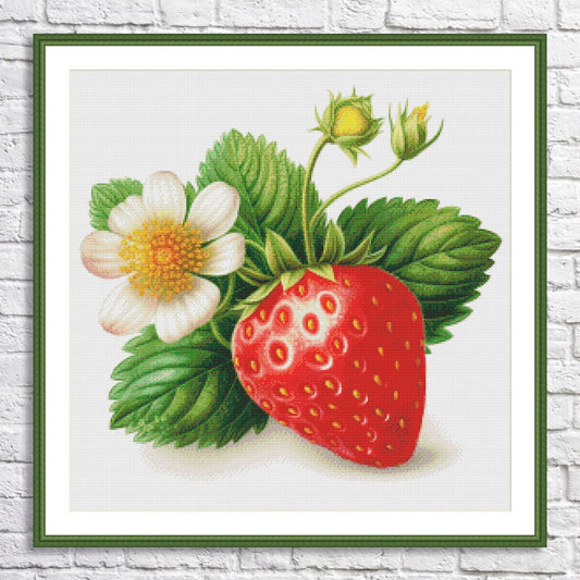 Strawberry Cross Stitch Pattern Kitchen Still Life Modern Decor Pattern Needlepoint chart Summer Berries White Flower Branch Green Leaves