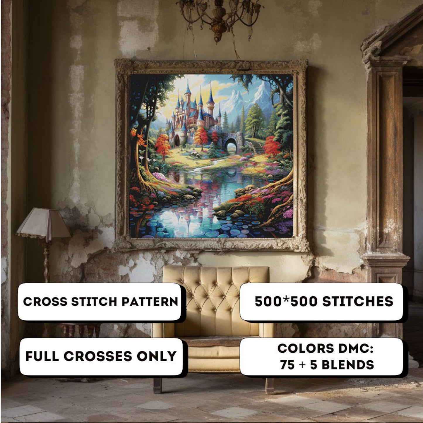 Cross Stitch Pattern PDF The Magic Castle, floral embroidery pattern, book pattern, nature, landscape, castle cross stitch, enchanted forest
