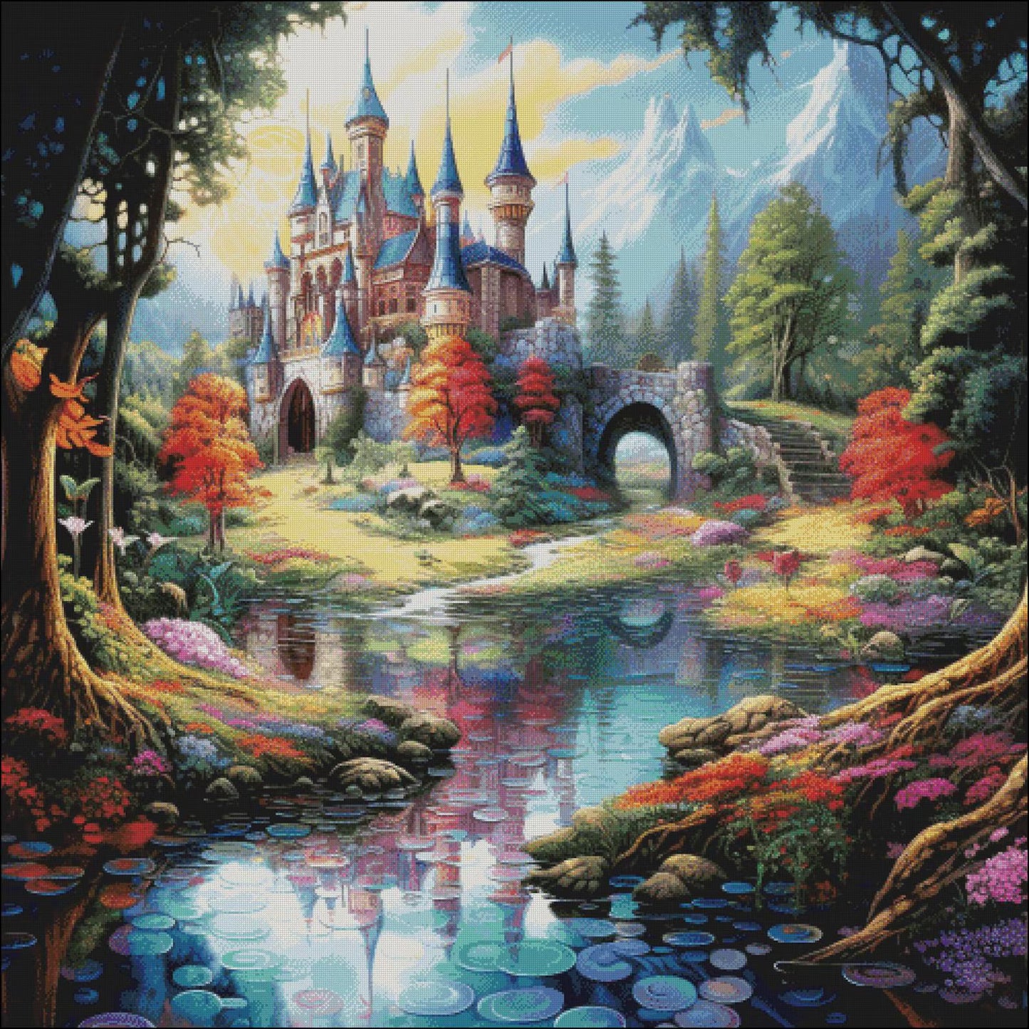 Cross Stitch Pattern PDF The Magic Castle, floral embroidery pattern, book pattern, nature, landscape, castle cross stitch, enchanted forest