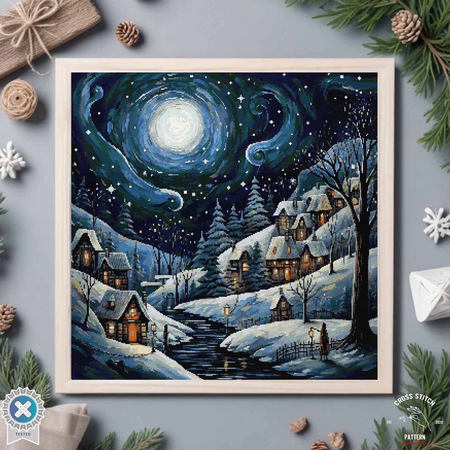 Christmas cross stitch pattern Winter Village Starry night embroidery Advent calendar embroidery Christmas tree ornament Christmas village