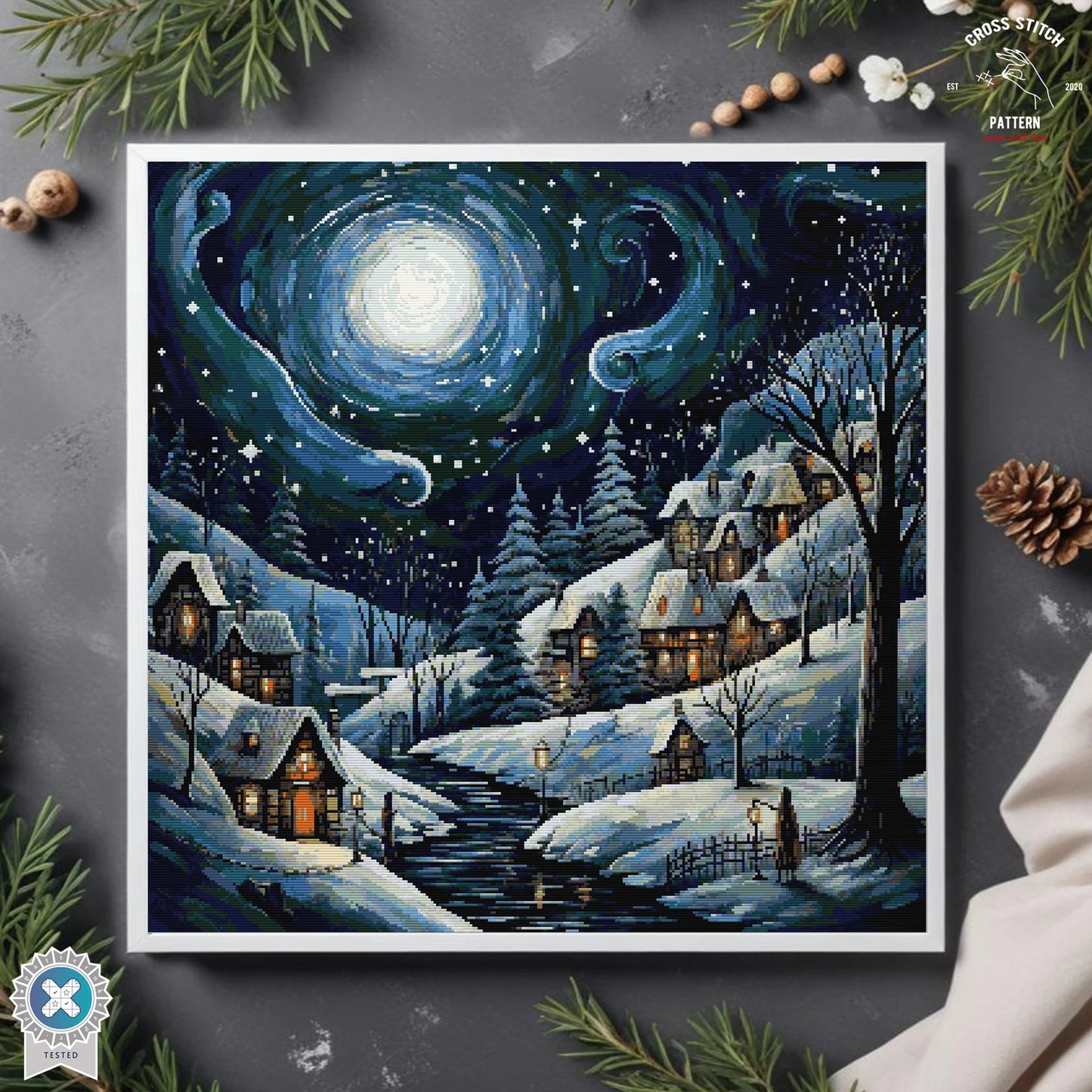 Christmas cross stitch pattern Winter Village Starry night embroidery Advent calendar embroidery Christmas tree ornament Christmas village