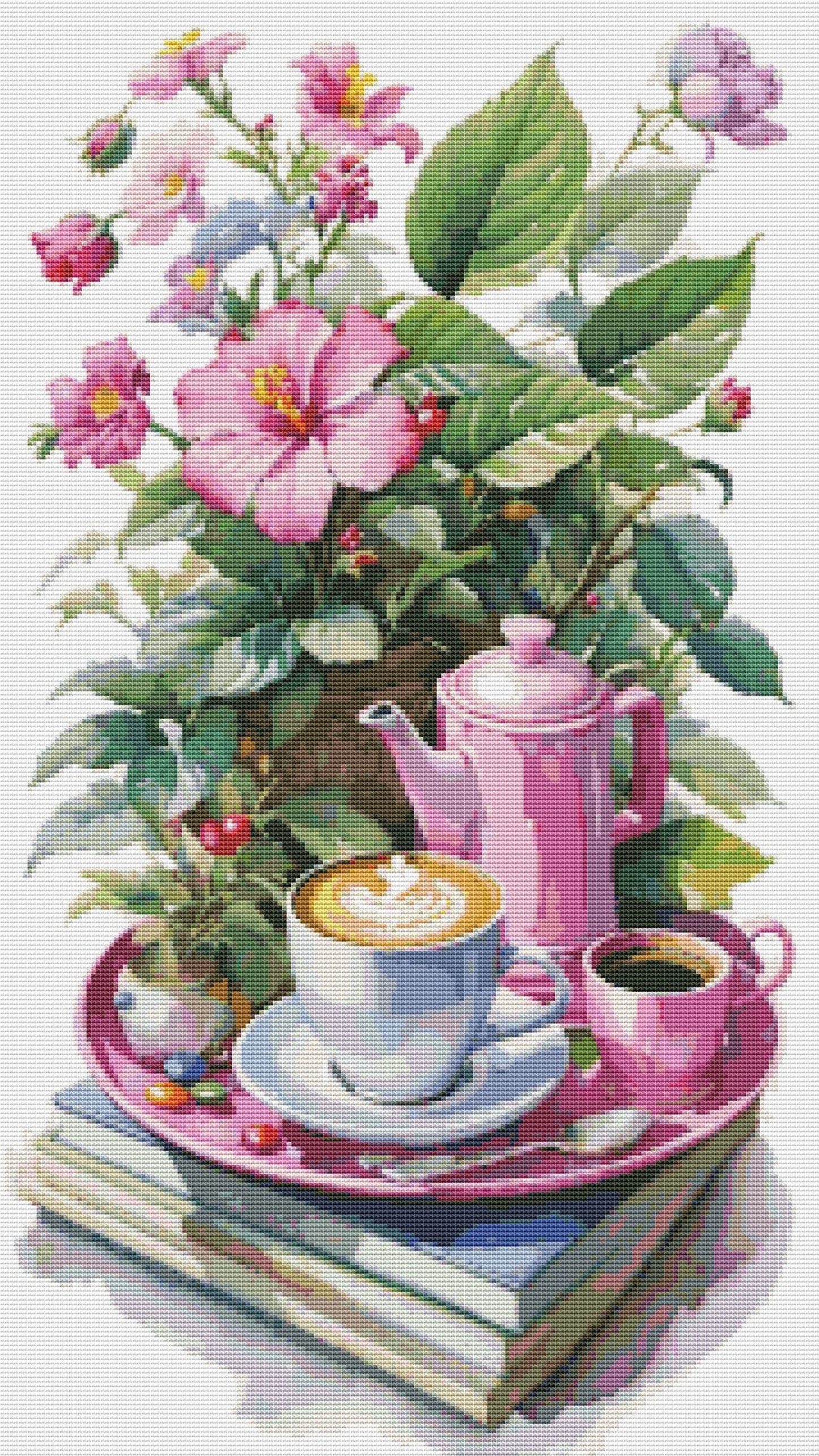 Coffee Time Cross Stitch Pattern Digital Pattern Watercolor Flowers Kitchen Still Life Modern Decor Pattern Cup of coffee Needlepoint chart
