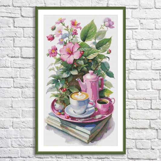 Coffee Time Cross Stitch Pattern Digital Pattern Watercolor Flowers Kitchen Still Life Modern Decor Pattern Cup of coffee Needlepoint chart
