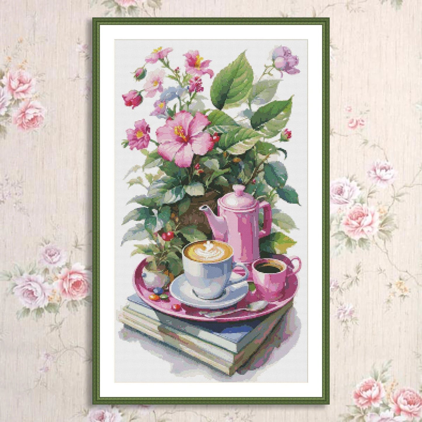 Coffee Time Cross Stitch Pattern Digital Pattern Watercolor Flowers Kitchen Still Life Modern Decor Pattern Cup of coffee Needlepoint chart