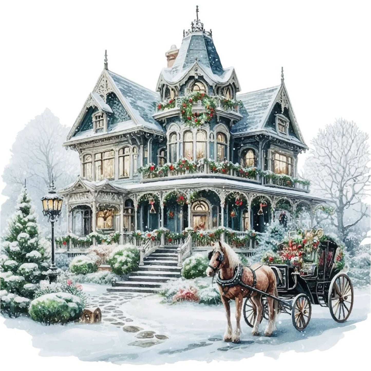 Victorian Christmas House Counted Cross Stitch Pattern Winter Landscape Holidays Hand Embroidery Needlepoint Chart Cottage PDF