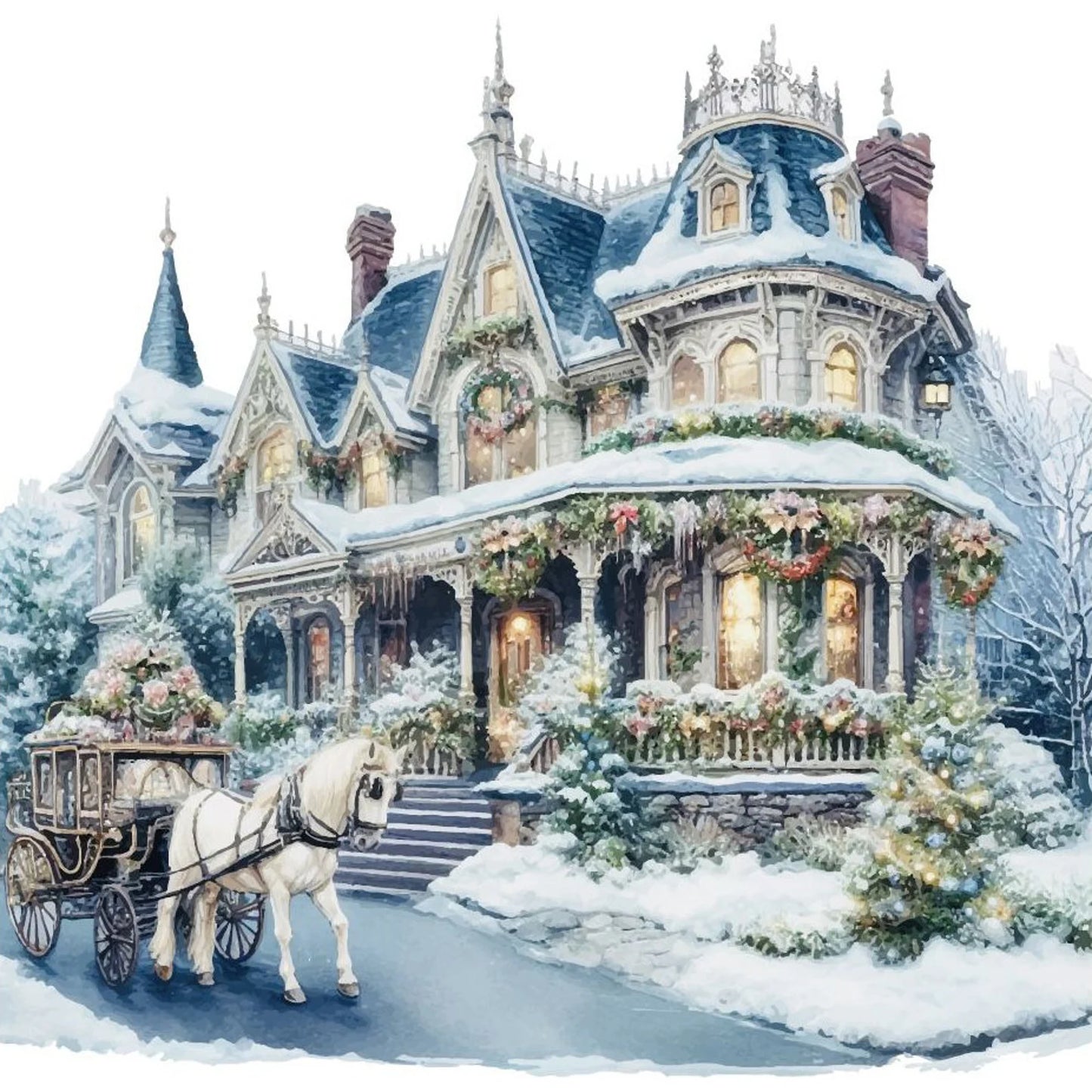 Victorian Christmas House Counted Cross Stitch Pattern Winter Landscape Holidays Hand Embroidery Needlepoint Chart Cottage PDF