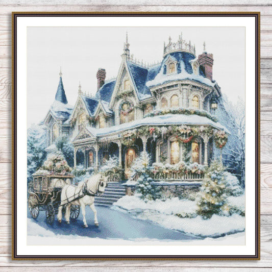 Victorian Christmas House Counted Cross Stitch Pattern Winter Landscape Holidays Hand Embroidery Needlepoint Chart Cottage PDF