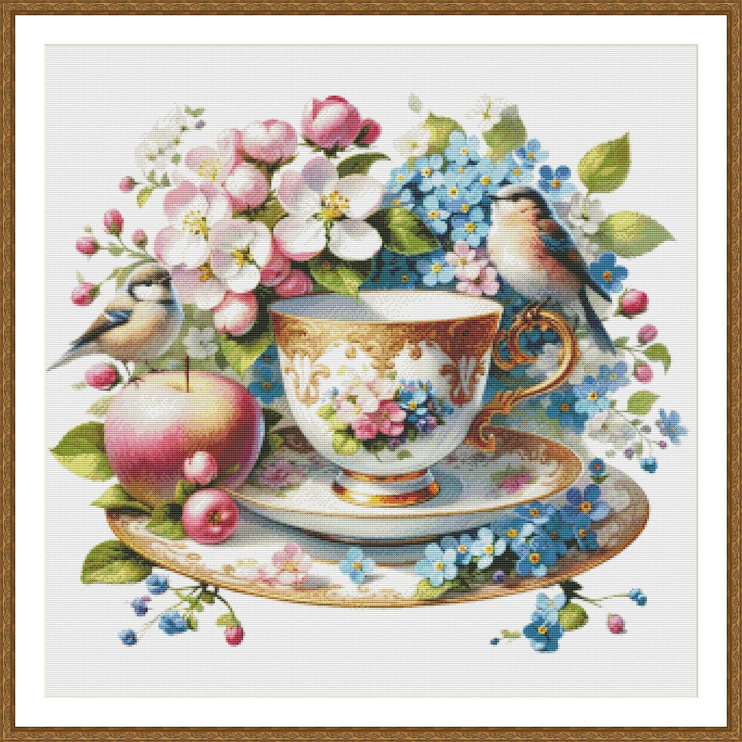 Blooming Tea Cup Cross Stitch Pattern Pattern Bird Bouquet of roses Kitchen Still Life Modern Decor Pattern Embroidery Needlepoint chart PDF