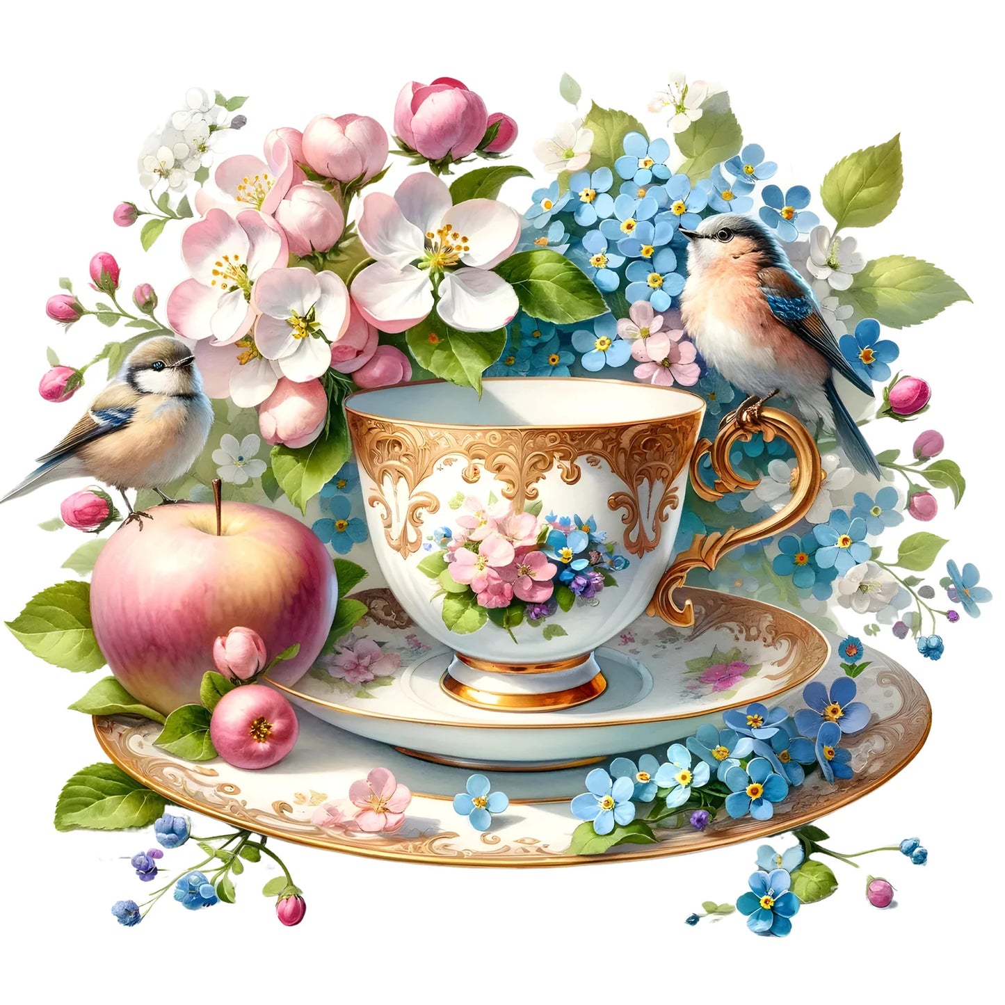 Blooming Tea Cup Cross Stitch Pattern Pattern Bird Bouquet of roses Kitchen Still Life Modern Decor Pattern Embroidery Needlepoint chart PDF