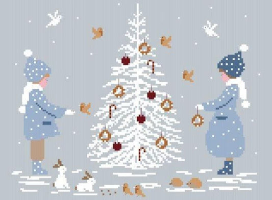 New year cross stitch pattern, christmas cross stitch, boy and girl with new year tree cross stitch, new year gifts cross stitch