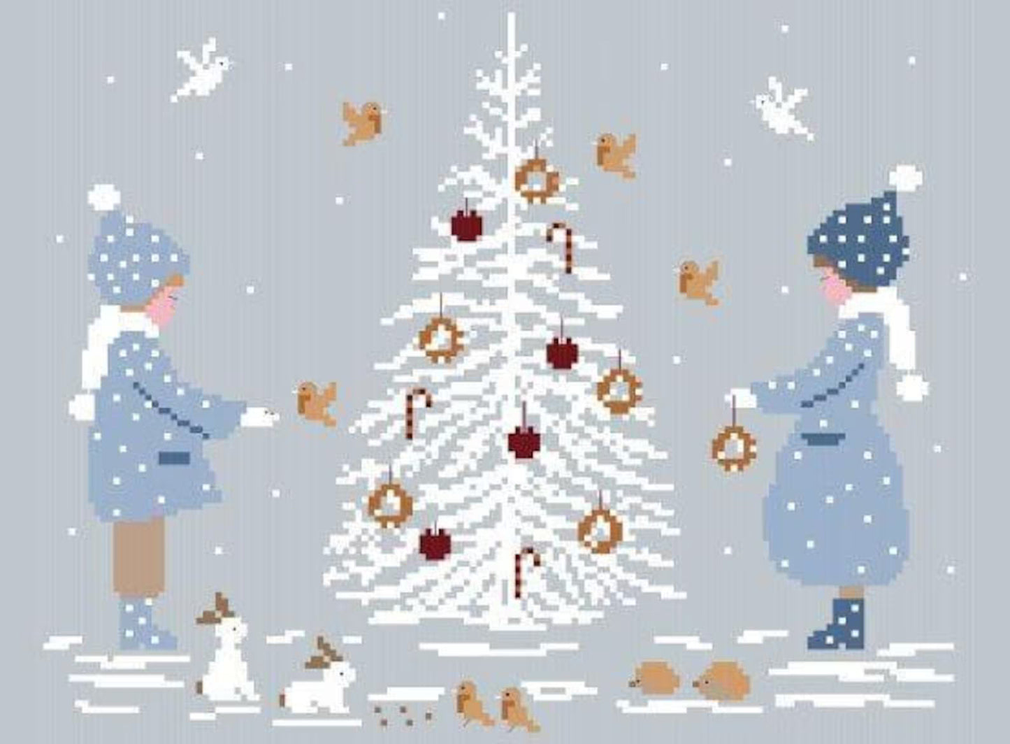 New year cross stitch pattern, christmas cross stitch, boy and girl with new year tree cross stitch, new year gifts cross stitch