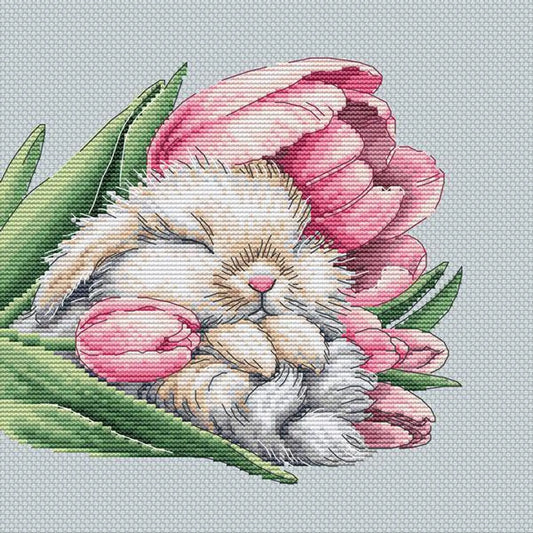 Baby Bunny Cross Stitch Pattern Fluffy Bunny Pattern Tulips PDF Pattern Little Bunny Pattern Bunny DMC Chart Printable PDF Instant Download