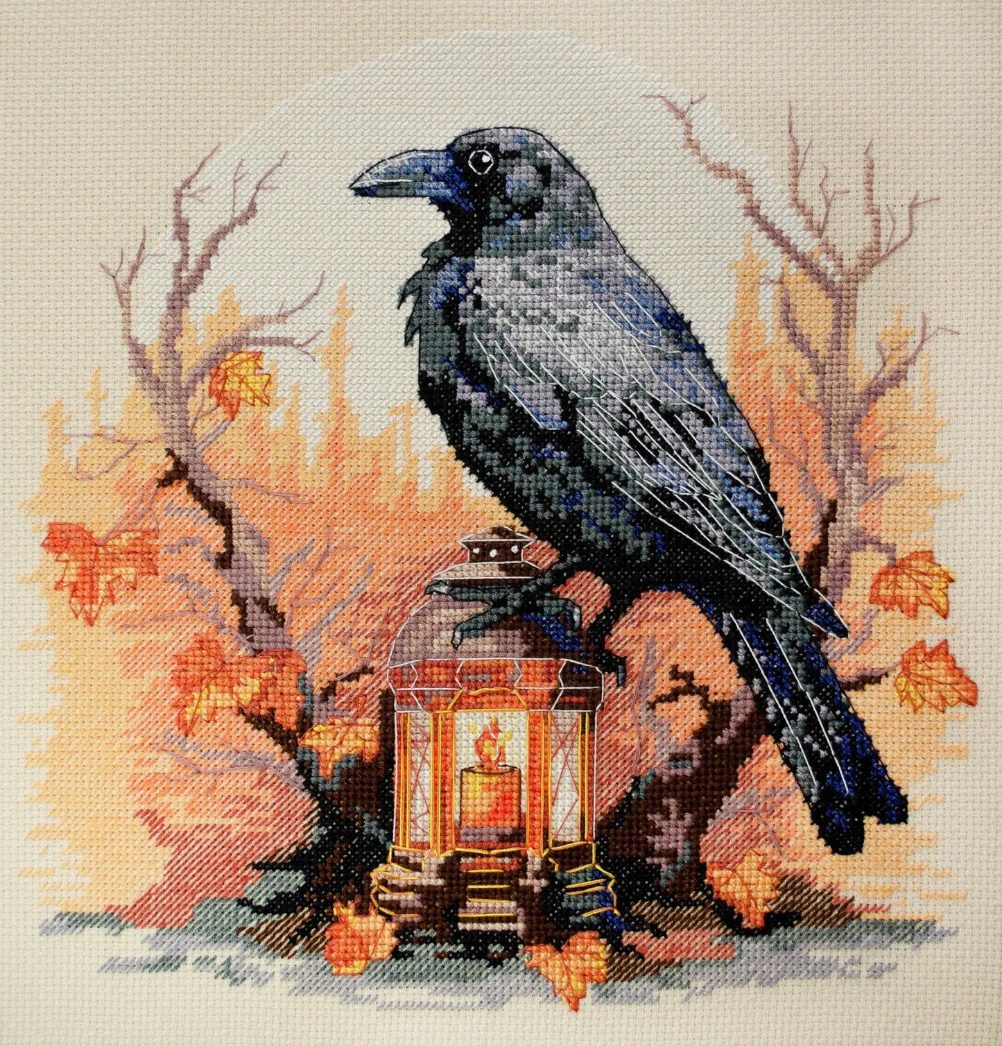Gothic Raven Cross Stitch, black spooky bird on lantern x-stitch, Halloween animal design  Modern Xstitch Chart PDF Instant Download