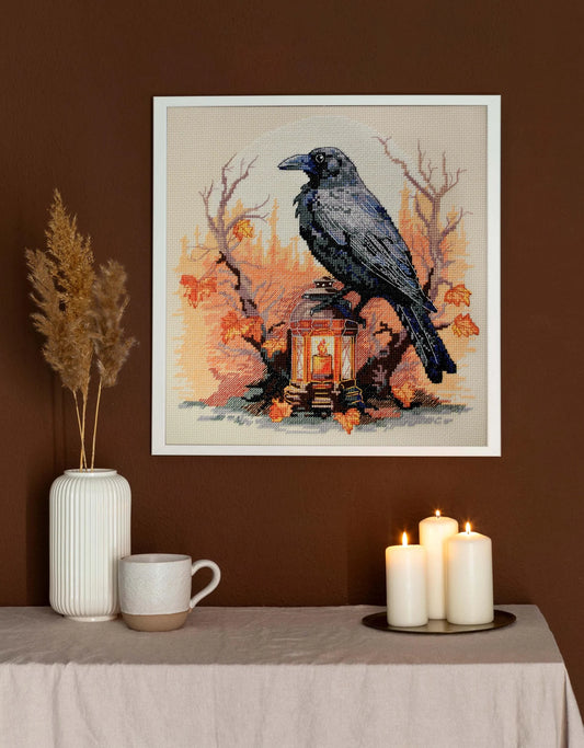 Gothic Raven Cross Stitch, black spooky bird on lantern x-stitch, Halloween animal design  Modern Xstitch Chart PDF Instant Download