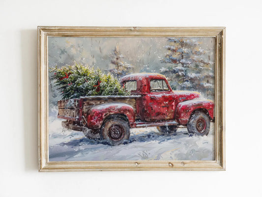 Christmas Tree in a Red Truck Painting Download, Winter Wall Art, Vintage Christmas Decor, Printable Wall Artwork, Digital Print for Winter