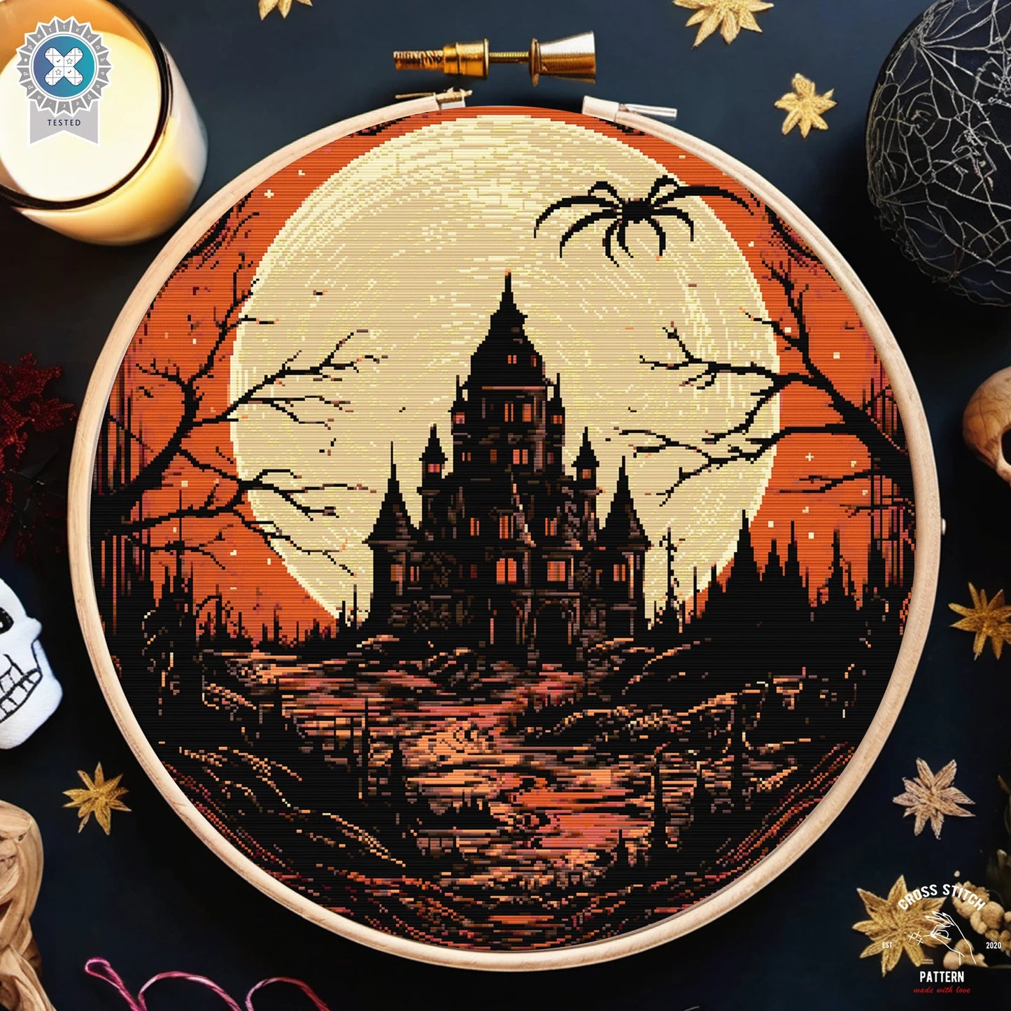 Halloween cross stitch pattern Spooky cross stitch Spider cross stitch Ghost embroidery Haunted house jack o lantern Pumpkin cross stitch