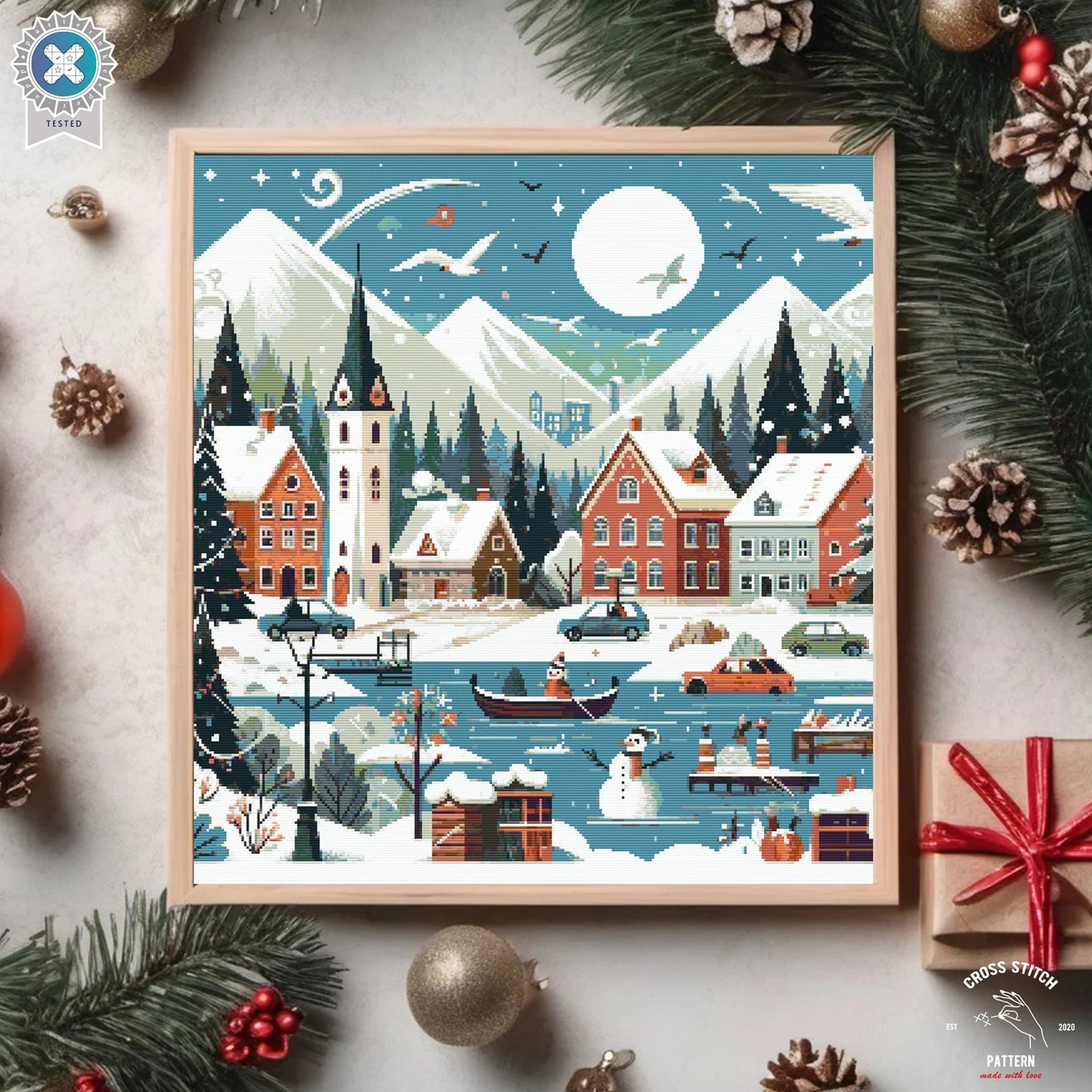 Christmas cross stitch pattern Winter Village embroidery Advent calendar embroidery Christmas tree ornament Christmas village Cute Snowman