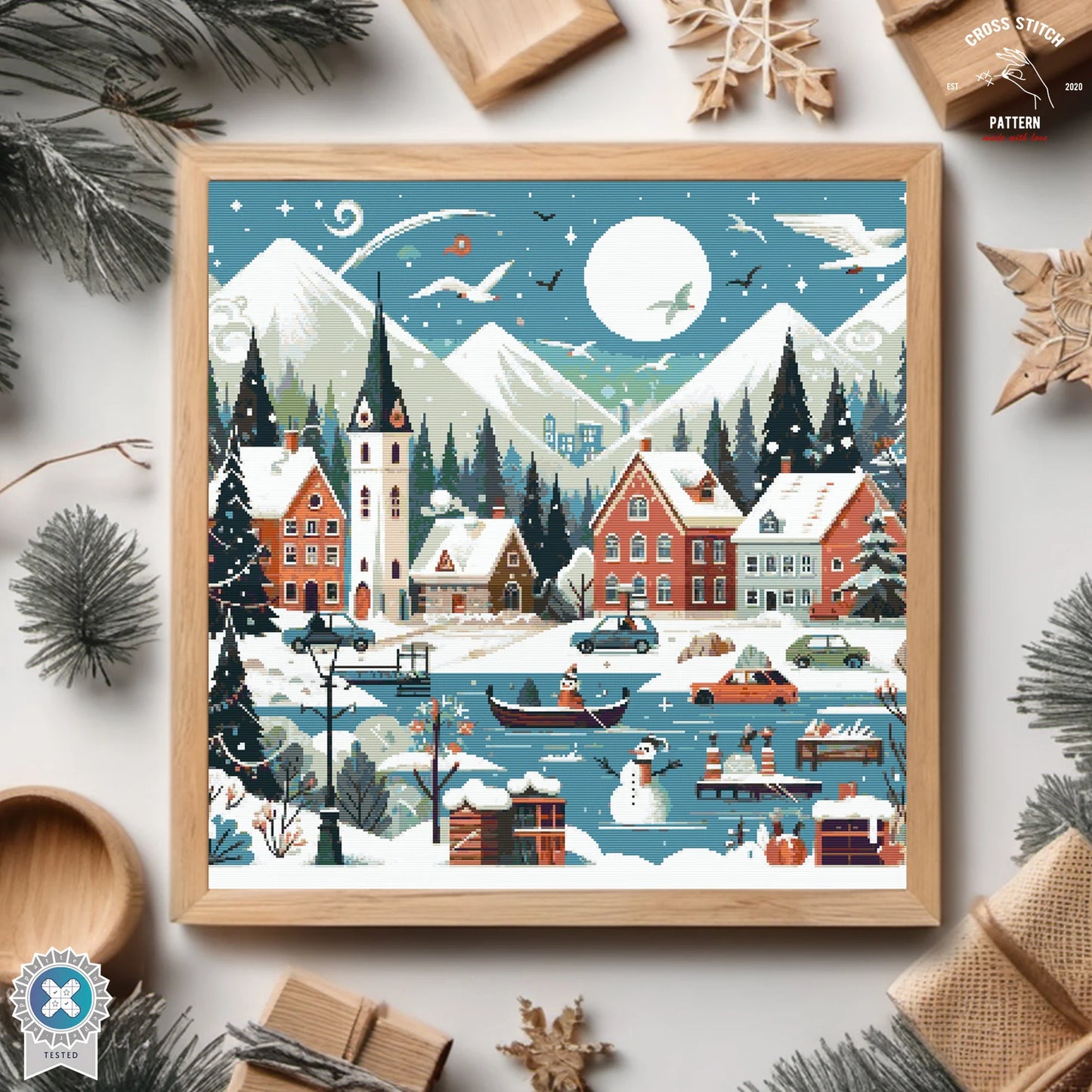 Christmas cross stitch pattern Winter Village embroidery Advent calendar embroidery Christmas tree ornament Christmas village Cute Snowman