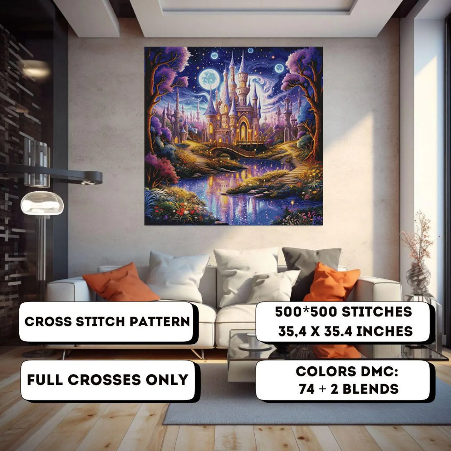 Counted Cross Stitch Pattern The Castle in night, PDF, needle point, easy pattern, dmc, embroidery, halloween cross, flower cross stitch