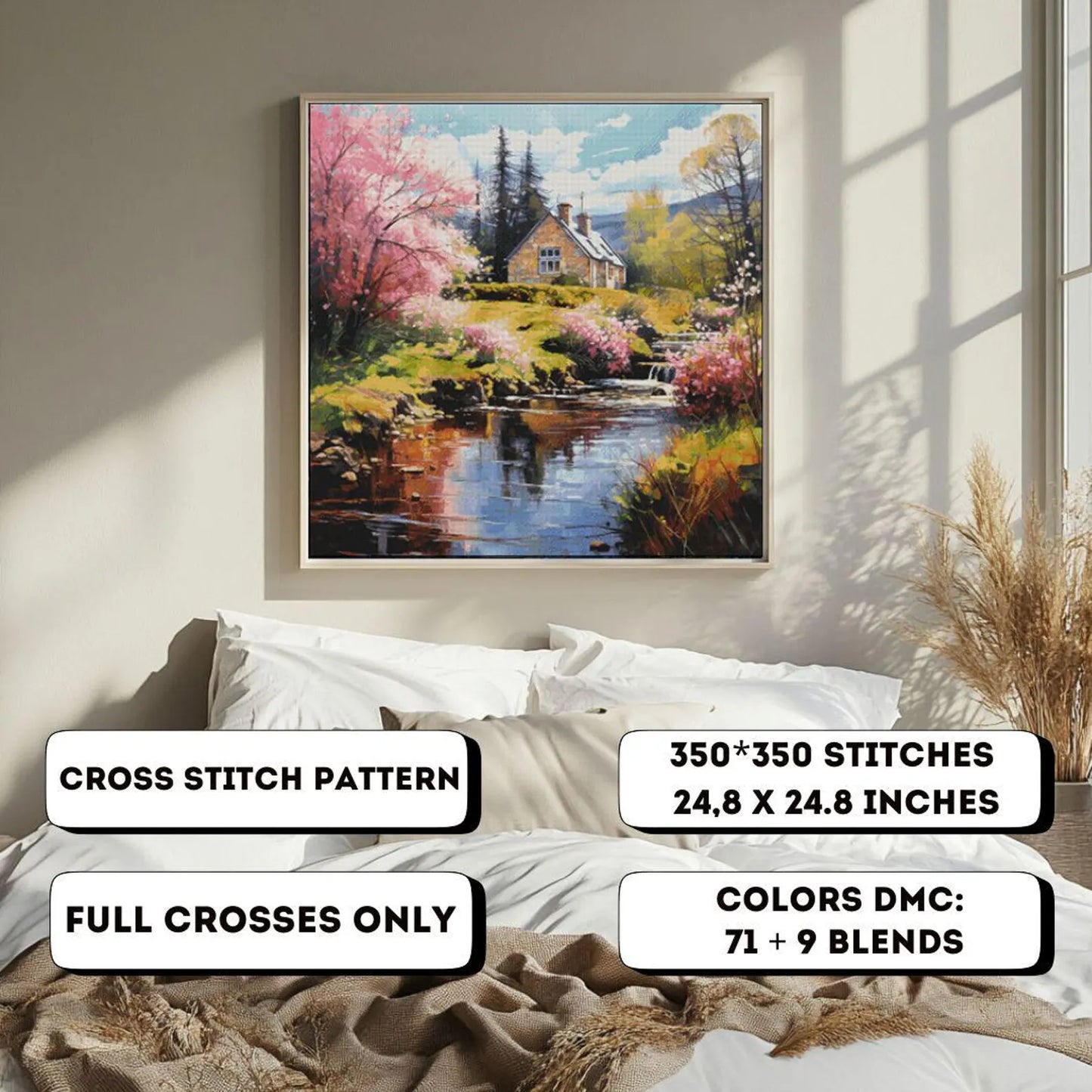 Cross Stitch Pattern PDF Spring landscape, farmhouse, river, landscape cross stitch pattern, dmc, cross stitch design, counted cross stitch