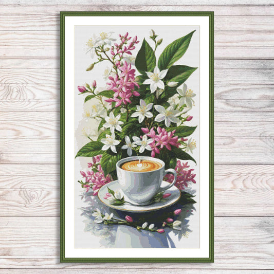 Coffee Time Cross Stitch Pattern Digital Pattern Watercolor Flowers Kitchen Still Life Modern Decor Pattern Cup of coffee Needlepoint chart